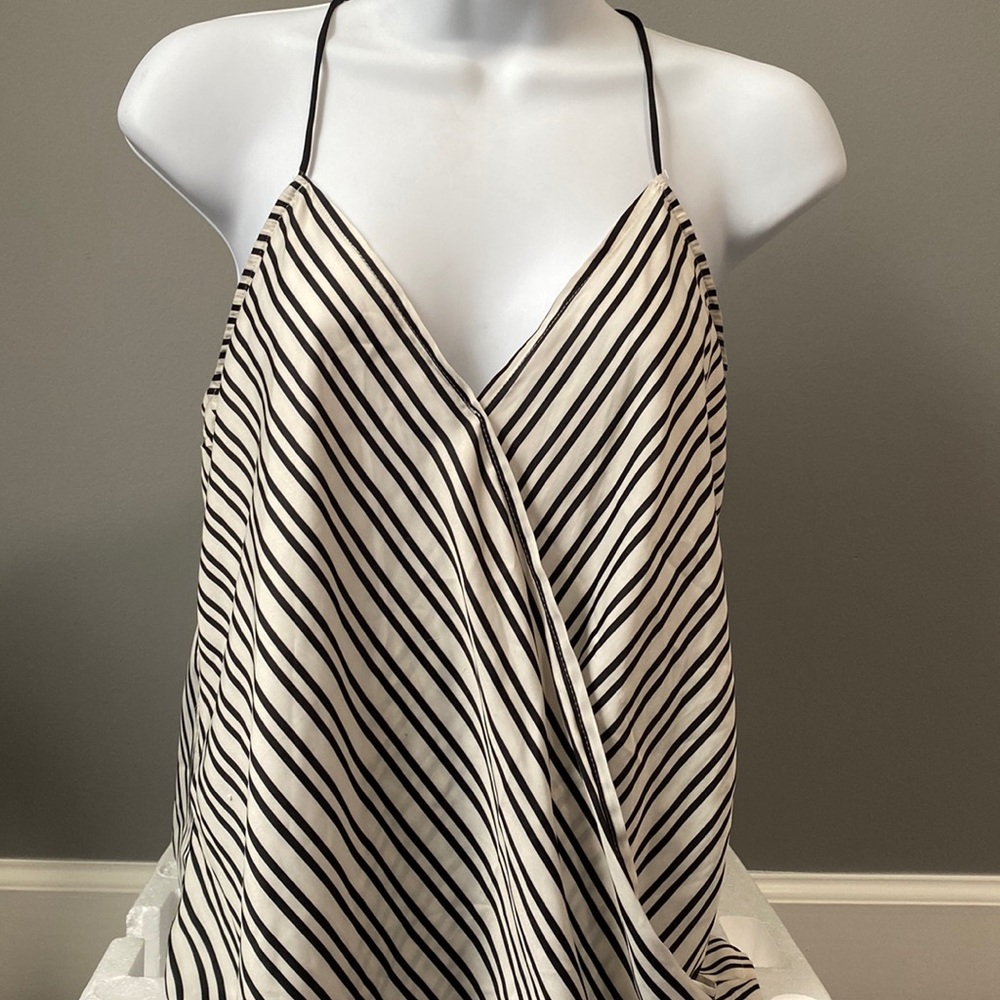 Xs banana republic silk white and black striped halter v neck cut cami blouse